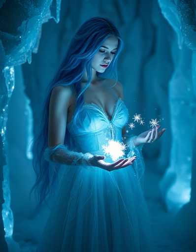The image depicts a young woman with long, flowing blue hair, dressed in an elegant, strapless blue gown. She stands in a cave-like setting, surrounded by jagged ice formations and glistening snowflakes that seem to emanate from her fingertips. The woman's gown features a sheer, lacy skirt that adds to her ethereal appearance. She gazes downward, her eyes focused on the magical snowflakes that appear to be glowing and falling around her. The scene is bathed in a cool blue light, enhancing the mystical and enchanting atmosphere.
