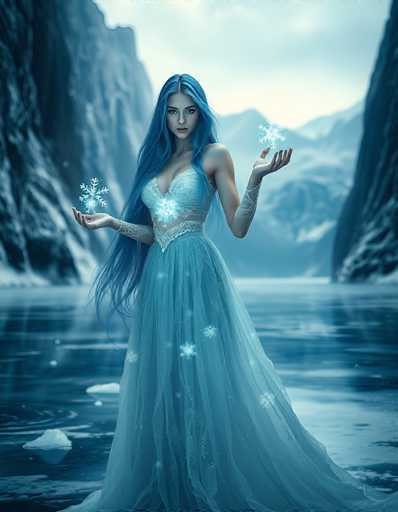 The image depicts a striking, computer-generated scene of a woman standing in a frozen lake, surrounded by towering, snow-covered mountains. The woman, who has long, flowing blue hair cascading down to her waist, is dressed in a flowing, light blue gown adorned with intricate snowflake patterns. Her gown features a sheer midriff section and a bustier-style top, complemented by lace sleeves and a delicate bracelet on her right wrist. She holds two large, glowing snowflakes in her hands, one in each palm, with smaller snowflakes scattered across her dress and the ice around her. Her expression is serene, with a slight smile as she gazes directly at the viewer. The entire scene is bathed in a cool blue hue, enhancing the ethereal and magical atmosphere of the image.