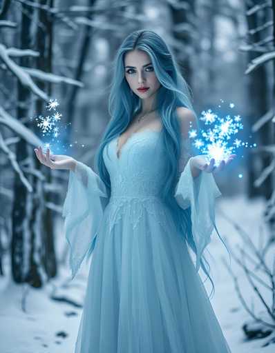 A woman with long blue hair is standing in a snowy forest, holding two snowflakes in her hands and wearing a blue dress that matches the color of the sky above.