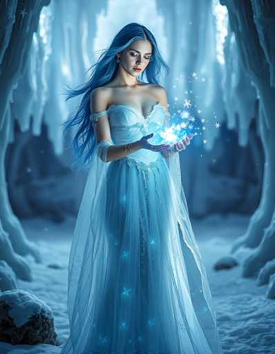 The image depicts a young woman with long, flowing blue hair, dressed in an elegant blue gown adorned with intricate lace details. She stands in the center of a snowy, ice-filled cavern, her gown's sheer fabric shimmering with blue and white sparkles. The woman's dress is strapless, with a low neckline that reveals a hint of cleavage, and she wears a sheer cape that drapes gracefully to the ground. Her arms are adorned with elbow-length sheer sleeves, and she holds her hands out in front of her, palms up, as if channeling or emitting the sparkling snowflakes that float around her. Her eyes are closed, and her head is tilted downward, giving her a serene and focused expression. The background is a wintry wonderland with snow-covered ground and large, jagged ice formations rising from the floor, creating a majestic and ethereal atmosphere.