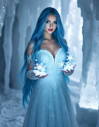 The image portrays a young woman with long, flowing blue hair, standing in the center of an ice cave. She is dressed in a light blue, sleeveless gown adorned with intricate snowflake patterns, which extends to the floor. Her gown features a V-neckline that reveals a significant amount of cleavage. The woman's blue eyes and red lips stand out against her fair skin. Snowflakes are scattered around her hands, which are held out in front of her, palms up, as if she is conjuring them. Her right arm is adorned with a white, snowflake-shaped bracelet, and she wears a matching blue glove on her left hand. The background is filled with tall, jagged ice formations and a snowy ground, enhancing the cold, wintry atmosphere of the scene.