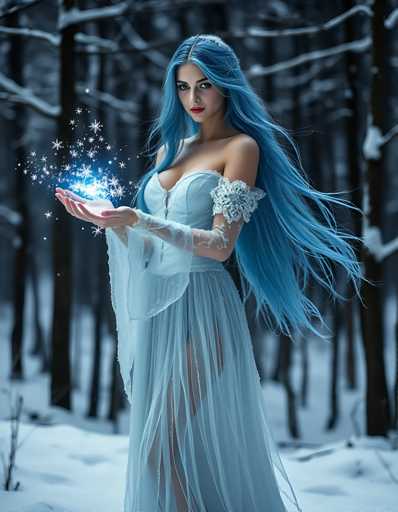A woman with long blue hair is standing in a snowy forest, holding a crystal ball that is emitting a bright light. She is wearing a white dress and has her arms outstretched as she looks directly at the camera.