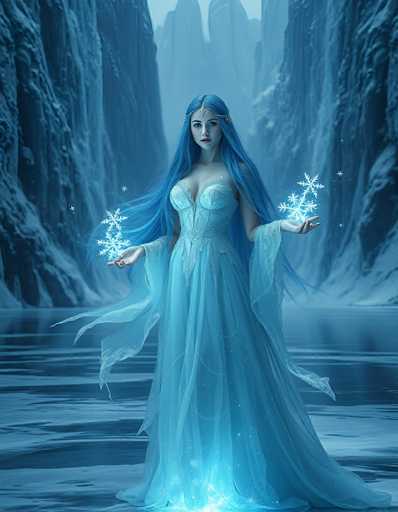 The image depicts a young woman with long, flowing blue hair, adorned with a silver tiara that drapes elegantly over her forehead and down to her neck. She is dressed in a flowing, light blue gown that features a sweetheart neckline and a sheer, cape-like overlay that extends from her elbows to her feet. The dress is intricately detailed with white beading and sequins, adding a touch of sparkle. Her gown appears to glow from within, casting a radiant light that illuminates the ground around her. The woman stands in a serene, icy landscape, with a river of water and snow-covered mountains framing the scene on either side. She holds her arms outstretched, with her palms facing up, and from each hand emanates a large, glowing snowflake, surrounded by smaller, shimmering snowflakes. The overall atmosphere is one of ethereal beauty, with the blue hues and icy elements enhancing the magical, almost otherworldly quality of the scene.