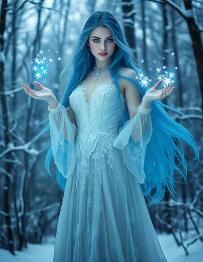 A captivating image of a woman with long, flowing blue hair that cascades down her back, blending seamlessly with her blue eyes and matching blue lips. She is adorned in a stunning blue dress that features intricate lace details and a deep V-neckline. The dress is complemented by sheer blue sleeves that add an ethereal touch to her ensemble. Her pale skin contrasts beautifully with her vibrant blue attire, creating a mesmerizing visual effect. The background is a serene winter wonderland, with snow-covered ground and bare tree branches dusted in white. The woman stands poised, her hands gently cupped in front of her, as if holding a delicate moment in time. The scene is bathed in a soft, blue light that enhances the dreamlike quality of the image, making it appear almost surreal.