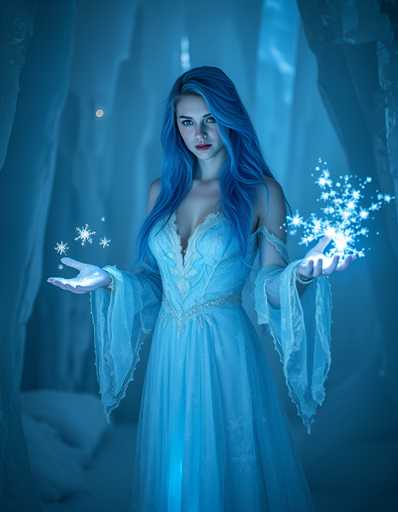 A woman with long blue hair stands in a cave-like setting, holding a bunch of white stars and wearing a blue dress adorned with gold accents.
