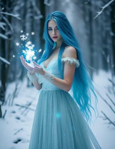 A woman with long blue hair is standing in a snowy forest, holding a bunch of snowflakes in her hands and wearing a light blue dress that matches the color of the sky above.