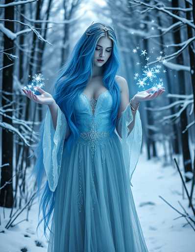 A woman with long blue hair is standing in a snowy forest, holding up her hands as if she's about to catch snowflakes or perhaps just admiring the beauty of nature around her. She is wearing a long, flowing dress that matches the color of the snow and the trees behind her. The background features tall trees covered in snow, creating an ethereal atmosphere.