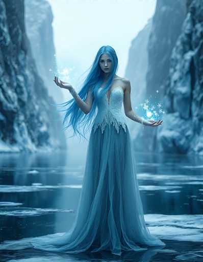 The image portrays a striking, computer-generated scene of a woman with long, flowing blue hair that cascades down to her waist. She stands in the center of a frozen lake, surrounded by towering, snow-covered mountains that rise dramatically on either side. The woman is adorned in a flowing, sleeveless blue dress that features a sheer, lacy bottom and a corset-like top. Her dress is intricately detailed with snowflake patterns, adding to the ethereal atmosphere. She has a serious expression on her face, with her head slightly tilted down, and her arms are outstretched to her sides, palms facing up. From her fingertips, delicate snowflakes and stars appear to be emanating, adding a magical touch to the scene. The overall color palette of the image is dominated by shades of blue, white, and gray, enhancing the wintry, otherworldly feel of the landscape.