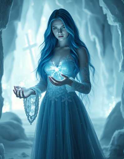 A woman with long blue hair is standing in a cave-like setting, holding a crystal ball that emits a bright blue light. She is wearing a long blue dress and has her hands outstretched towards the crystal ball.