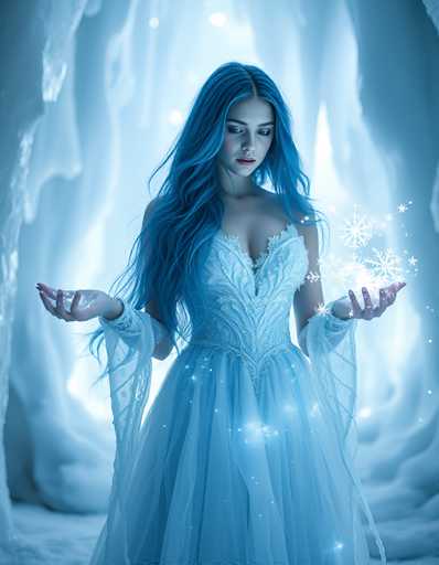 The image depicts a young woman with long, flowing blue hair, standing in a snowy, ice cave. She is wearing a light blue, sleeveless dress adorned with intricate lace details and sheer fabric that extends from her elbows to her wrists. Her dress features a heart-shaped neckline and a low-cut front, revealing a hint of cleavage. The woman's blue eyes and red lips contrast with her pale skin, and she gazes downward, her head slightly tilted. Her arms are outstretched in front of her, palms facing up, as if she is holding a magical snowflake that emits a soft, glowing light. This snowflake appears to be the source of the magical sparkles and snowflakes floating around her, creating a mystical atmosphere. The background is filled with glistening ice formations and snow, enhancing the ethereal and enchanting quality of the scene.