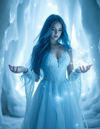 A woman with long blue hair is standing in a cave-like setting, holding a crystal ball that is filled with white snowflakes and glowing with a soft light. The woman's dress is white with intricate lace detailing, adding to the ethereal atmosphere of the scene.