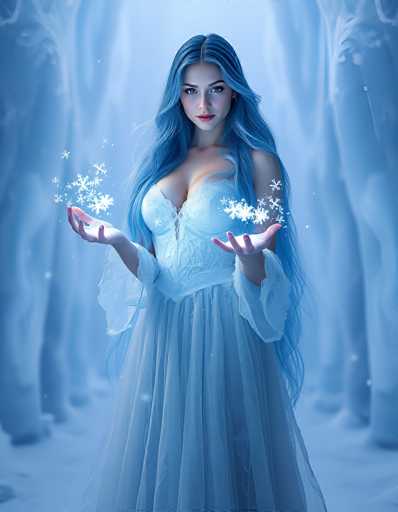 The image depicts a striking, computer-generated woman with long, flowing blue hair that cascades down to her waist. She has a fair complexion, accentuated by her bold red lipstick and large, expressive brown eyes. Her attire is a stunning blue dress that features a low-cut neckline, revealing a significant amount of cleavage, and is adorned with intricate lace details. The dress has long sleeves that extend to her wrists, adding an elegant touch to her ensemble. 

The woman stands with her arms outstretched, palms facing upwards, as if she is about to catch the numerous white snowflakes that are falling around her. The snowflakes are of varying sizes, creating a magical, wintry atmosphere. The background is a serene, snowy landscape with tall, white trees that resemble Christmas trees, adding to the enchanting, festive feel of the scene. The overall composition exudes a sense of wonder and tranquility, capturing the essence of a winter wonderland.