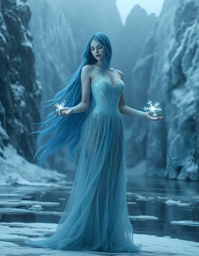 A woman with long blue hair is standing on a frozen river, holding two snowflakes in her hands and wearing a blue dress that flows down to the water's edge. The background features a rocky cliff face covered in snow, creating an icy and ethereal atmosphere.