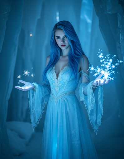 The image depicts a young woman with long, flowing blue hair, standing in a mystical, ice cave-like setting. She is dressed in a light blue, lacy gown with long sleeves that extend to her wrists, and a silver belt cinches her waist. Her gown features a deep V-neckline, adding to its ethereal appearance. The woman's blue eyes and red lipstick complement her striking attire. She holds her hands out in front of her, palms up, with a radiant light emanating from them. On her right hand, she wears a ring, and snowflakes appear to be falling from her left hand. The background is a blend of blue and white hues, with snow-covered ground and ice formations, creating an enchanting, otherworldly atmosphere.