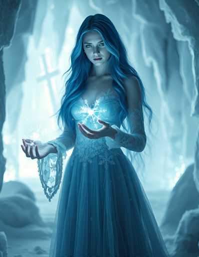 The image depicts a young woman with long, wavy blue hair, standing in a snowy cave. She is wearing a light blue, lacy dress adorned with snowflake patterns, which features long sleeves and a sheer, frilly bottom. Her dress has a sweetheart neckline, and she wears a ring on her left hand. The woman is holding her hands out in front of her, palms up, with a glowing snowflake floating above her left hand. Her eyes are a striking blue, matching her hair, and she wears a silver necklace. The cave around her is filled with snow, and a large, blurry cross can be seen in the background. The overall scene is bathed in a blue hue, enhancing the ethereal and magical atmosphere.