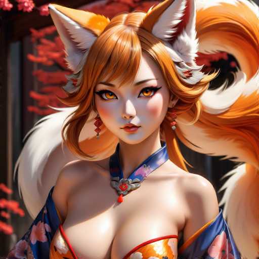 This image features a striking, computer-generated female character with distinct Asian features. She has vibrant orange hair styled in a short, wavy bob that frames her face, and her bangs are neatly cut. Her hair is adorned with large, fox-like ears that are orange on the outside and white on the inside, adding a whimsical touch to her appearance. Her eyes are a captivating orange, and she wears a subtle pink lipstick that complements her fair complexion.

Her attire is equally eye-catching, consisting of a blue top with a red trim and an orange section embellished with white flowers. The top is open, revealing her shoulders and chest. She also wears a blue necklace with a red tassel, adding a touch of elegance to her ensemble. Her ears are further decorated with dangling earrings that feature red and blue elements.

The background of the image is a blend of brown and gray hues, with a hint of red that adds depth to the scene. The overall composition highlights the character's unique and detailed design, making her stand out prominently.