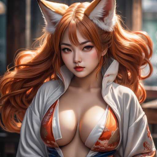 This image features a highly detailed, computer-generated depiction of a young Asian woman with long, flowing red hair. She has striking red eyes and is adorned with large, fox-like ears that are white on the inside and red on the outside. Her attire consists of a white robe with a high collar, which is open at the front, revealing a low-cut orange top underneath. The orange top has white accents and is tied at the waist with a blue sash. The woman's expression is serious, and she is looking directly at the viewer. The background is blurred, with indistinct brown and gray tones, suggesting an indoor setting. The overall image has a slightly cartoonish yet realistic style, reminiscent of anime or video game characters.