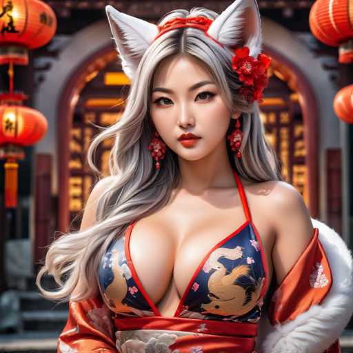 This AI-generated image depicts a young Asian woman with long, flowing gray hair. She is adorned with white cat ears and a red headband. Her striking features include large, expressive eyes, red lips, and red earrings. She is dressed in a blue bikini top decorated with white birds and pink flowers, complemented by a red sash around her waist. Her left arm is covered by a luxurious white fur coat, while her right arm is bare. The background features a blurred scene with red Chinese lanterns hanging on either side of a white archway, adding a cultural and festive ambiance to the image.