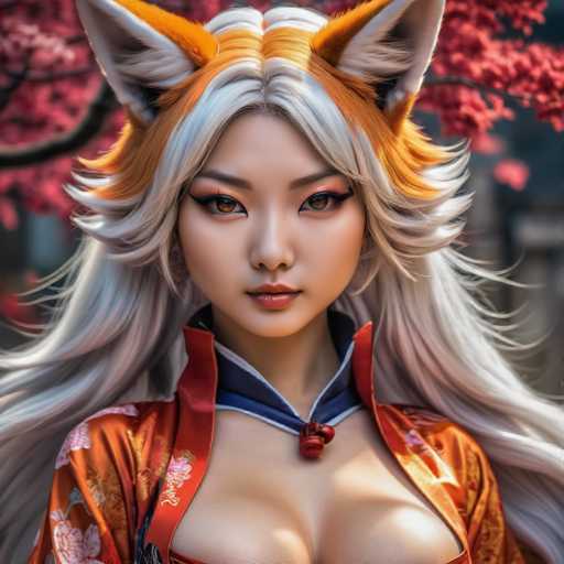 This image features a highly detailed, computer-generated depiction of a young Asian woman, likely in her late teens or early twenties. She has striking, large fox ears that are orange with white fur on the inside, and her hair is a blend of white and orange, styled in a way that it appears to be part of her ears. Her facial features include brown eyes, a small nose, and red lips, with a hint of blush on her cheeks. She is dressed in a vibrant orange kimono adorned with white and yellow floral patterns, and a blue collar with a red tie at the front. The kimono is open at the chest, revealing a significant amount of cleavage. The background is blurred, but it suggests an outdoor setting with a tree bearing red leaves, possibly indicating a cherry blossom tree. The overall composition of the image is square, with the woman's head centered and her body extending down to her chest.