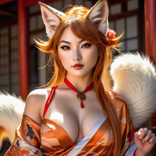 This image features a striking young woman of Asian descent, likely in her early 20s, with long, flowing red hair. She is adorned with large, fox-like ears that are white on the inside and tipped with black fur. Her attire is a vibrant orange kimono, intricately decorated with white and black floral patterns. Around her neck, she wears a red ribbon necklace with a gold pendant, which has a red tassel hanging from it. Her makeup is meticulously applied, with bold red lipstick and dramatic black eyeliner that accentuates her brown eyes. She has a pale complexion, adding to her ethereal appearance. In the background, there is a traditional Japanese-style house with red pillars and white paper windows, enhancing the cultural ambiance of the scene.