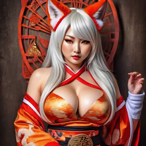 This image features a detailed, computer-generated depiction of a young Asian woman, likely in her late teens or early twenties. She has long, flowing silver hair that cascades down to her waist, with bangs partially covering her forehead. Adorning her head are striking red and white fox ears, adding a whimsical touch to her appearance. Her eyes are a captivating shade of orange, and she wears bold red lipstick that complements her fair skin.

Her attire is a fusion of traditional and modern elements. She dons a red and white kimono, intricately designed with a pattern of clouds and birds, which is cinched at the waist by a black belt featuring a prominent gold buckle. The kimono sleeves are loose and flowing, with a white lining visible at the cuffs. Her pose is confident, with one hand raised and fingers slightly curled, as she gazes directly at the viewer.

The background is a muted brown, which serves to highlight the vibrant colors of her outfit and accessories. Behind her, there is a red, circular object with intricate designs, possibly a decorative screen or a wall hanging, adding depth and cultural context to the scene. The overall composition suggests a blend of traditional Japanese aesthetics with modern, fantastical elements.