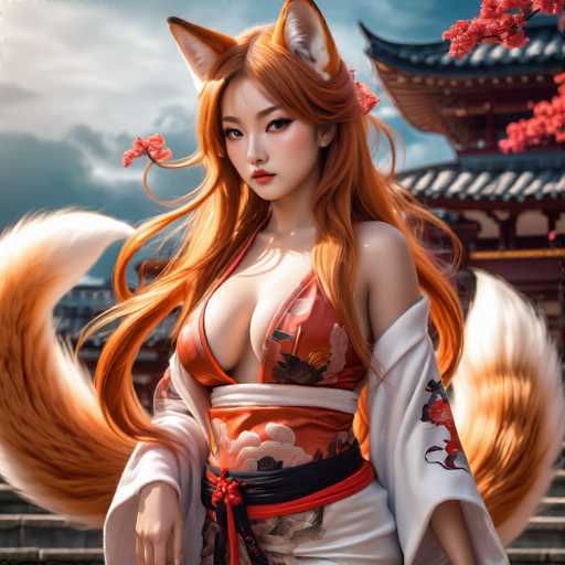 This image showcases a stunning, AI-generated artwork of a young woman with long, flowing red hair. She is adorned with fox-like ears, adding a whimsical touch to her appearance. The woman is dressed in a traditional Japanese kimono, featuring a vibrant red and white floral pattern. Her attire includes a black sash tied around her waist, and a white robe draped over her left arm. The kimono is open at the front, revealing a hint of cleavage. She has a pale complexion, accentuated by her red lipstick and black eyeliner. Her expression is serene, with her gaze directed slightly to the left. The background is a beautifully blurred scene of a Japanese temple, with a clear blue sky and scattered clouds. Adding to the enchanting atmosphere, red flowers are visible in the top right corner of the image.