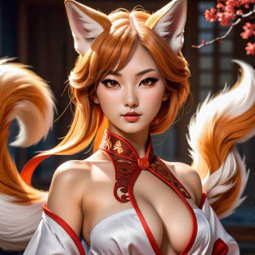 This image features a highly detailed, computer-generated depiction of a young Asian woman with striking, realistic yet fantastical attributes. She has long, flowing red hair that cascades down to her shoulders, and her expressive brown eyes are framed by delicate features and a small, red lips. Adding to her unique appearance, she sports large, white fox-like ears that protrude from the sides of her head, and a bushy red and white fox tail that extends behind her.

Her attire is equally captivating, consisting of a low-cut, white silk dress adorned with red trim and intricate gold embroidery. The dress is open at the front, revealing a hint of cleavage, and is complemented by a red collar with a gold emblem. The overall composition of the image is square, with the woman positioned centrally, gazing directly at the viewer. The background is a blurred mix of brown and blue hues, with a branch of red flowers visible in the upper right corner, adding a touch of natural beauty to the scene.