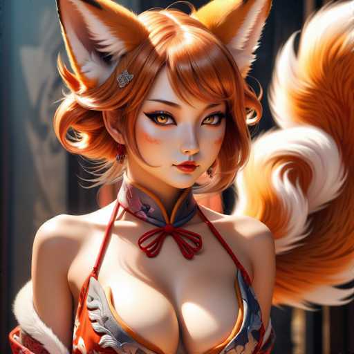 This image features a highly detailed, computer-generated depiction of a young woman with distinct Asian features. She has striking orange hair styled in a short, curly bob with bangs, and her hair is adorned with large, fox-like ears that are orange with white interiors. Her eyes are a captivating amber color, and she wears red lipstick that complements her fair complexion. 

Her attire is a low-cut, red dress with intricate gray and blue patterns, and it is secured by thin straps over her shoulders. The neckline of the dress is accentuated with a red bow, adding a touch of elegance. Around her neck, she wears a decorative scarf that is blue and pink, tied into a bow at the front. 

The background is blurred, drawing focus to her detailed and vibrant appearance. Additionally, a large, bushy tail that matches the color of her hair extends from her back, further enhancing the fantastical and whimsical nature of the image.