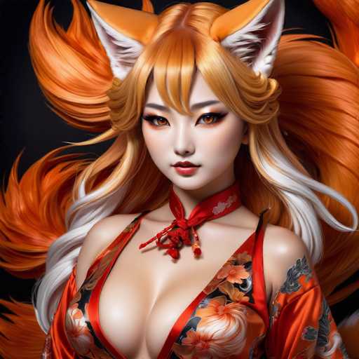 This image features a highly detailed, computer-generated depiction of a young Asian woman, likely in her late teens or early twenties. She has striking orange eyes and long, flowing hair that transitions from a light orange at the top to white at the bottom. Her hair is styled with bangs that partially cover her forehead, and she sports large, fox-like ears that are orange on the outside and white on the inside. 

Her attire is a traditional Japanese kimono, predominantly orange with intricate black and white floral patterns. The kimono is low-cut, revealing a significant amount of cleavage. Around her neck, she wears a red scarf adorned with white floral designs, tied in a bow. The background of the image is black, which accentuates the vivid colors of her hair and kimono. The overall style and composition suggest that this is an AI-generated artwork, characterized by its high level of detail and fantastical elements.