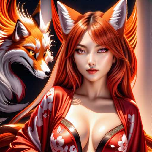 This is a detailed digital illustration of a young Asian woman with striking features. She has long, flowing red hair that cascades down her back, and her bangs are styled to frame her face. Her eyes are a captivating shade of pink, and she wears a subtle touch of red lipstick. Perched atop her head are large, fox-like ears that are orange with white fur on the inside, adding a whimsical touch to her appearance.

The woman is dressed in a vibrant red kimono adorned with white floral patterns. The kimono features a distinctive design with black and gold stripes running down the center, which is open at the front, revealing a hint of her cleavage. The sleeves of the kimono are long and elegant, draping gracefully over her arms.

To the left of the woman, a fox is depicted in profile. The fox has a striking appearance with an orange face, white fur around its eyes and nose, and a black nose. Its ears are orange with white fur inside, and its body is covered in a mix of orange and white fur. The fox's eyes are a vivid yellow, and it has a black nose, adding to the mystical aura of the scene.

The background of the image is a blend of black and white, with a light source illuminating the right side, creating a dramatic contrast that highlights the woman and the fox. The overall composition of the image is square, with the woman and the fox centrally positioned, drawing the viewer's attention to their detailed and vibrant forms.