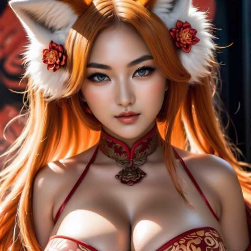 This image features a strikingly beautiful young Asian woman, likely in her late teens or early twenties. She has long, flowing red hair adorned with white, fluffy fox ears on either side of her head, each ear decorated with a red flower. Her complexion is exceptionally fair, and she wears a subtle touch of pink lipstick. Her eyes are a captivating shade of blue, framed by long eyelashes and perfectly shaped eyebrows. She is dressed in a red and gold bikini top, complemented by a choker necklace that appears to be made of metal. The background is a blend of black and red hues, adding to the overall dramatic and enchanting atmosphere of the image.