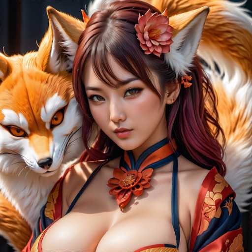 This AI-generated image depicts a young Asian woman with long, reddish-brown hair adorned with a pink flower. She has striking orange eyes and is wearing a blue and orange dress with a low-cut neckline, revealing a significant amount of cleavage. A matching pink flower is positioned around her neck, complementing the one in her hair. The woman is also wearing a choker that features a flower design. 

In the background, there is a large, orange and white fox with a bushy tail, which appears to be either standing behind her or possibly attached to her. The fox's head is turned towards the camera, adding an intriguing element to the composition. The overall image has a slightly surreal quality, with the woman's features and the fox blending in a way that suggests it is not a real photograph.
