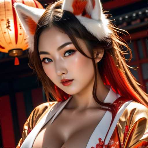 This image features a young Asian woman, likely in her late teens or early twenties, with long brown hair that transitions to a vibrant red at the tips. She is adorned with large, white cat ears that have orange accents, adding a whimsical touch to her appearance. Her striking blue eyes are framed by long eyelashes, and she wears a subtle pink lipstick that complements her natural beauty. She is dressed in a traditional kimono, predominantly gold with white trim and intricate red floral patterns. The kimono is open at the front, revealing a hint of cleavage. The background is slightly blurred, featuring a red and black wall with a red Chinese lantern hanging to the left, which adds a cultural and atmospheric element to the scene.