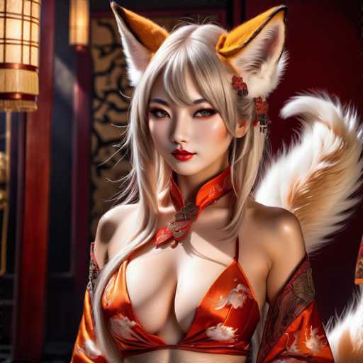 This image features a highly detailed, computer-generated depiction of a young woman with distinct anime-inspired characteristics. She has long, flowing blonde hair and striking red lips, complemented by a fair complexion. Her eyes are a captivating blend of brown and blue, adding to her unique appearance. Adorning her head are large, fox-like ears that are orange on the outside and white on the inside, with a touch of black at the tips. 

Her attire is equally elaborate, consisting of a red bikini top with intricate white floral patterns. The top is designed with thin straps that sit just above her bust, and a red collar that extends up to her neck. The collar is embellished with a gold emblem, adding a touch of elegance to her outfit. 

In the background, there is a red wall with a black design, and a red post stands to the left. A white and gold lantern hangs from the ceiling, casting a soft light over the scene. Additionally, a large, fluffy tail that is white and brown extends from her back, further enhancing the fantastical nature of the image.
