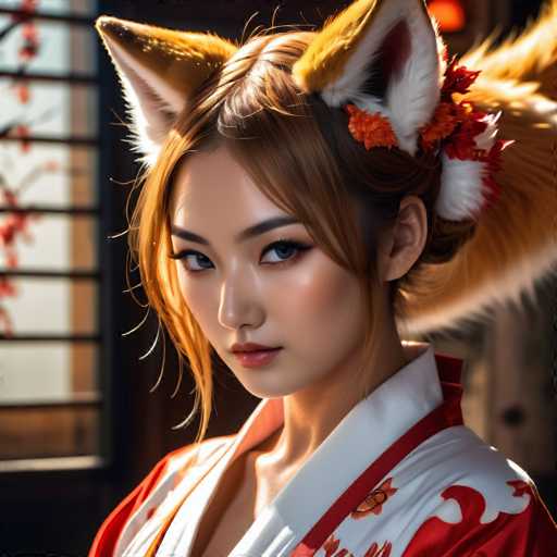 This image features a young woman, likely in her late teens or early twenties, with a distinctly anime-inspired appearance. She has striking blue eyes and is adorned with large, fox-like ears that are brown with white interiors, adding a whimsical touch to her look. Her hair is styled in a half-up, half-down fashion, with the top half pulled back and the rest cascading down. She is wearing a traditional Japanese kimono, predominantly white with red accents and intricate floral patterns. The kimono's collar is white with a red trim, and the sleeves are a rich red color. Her makeup is subtle, featuring light pink lipstick, and she gazes directly at the camera with a composed expression. The background is slightly blurred, but a window with a black frame and a hint of a red tree outside can be seen, adding depth to the scene.
