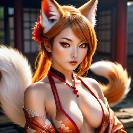 This image features a highly detailed, computer-generated depiction of a young Asian woman with striking orange hair. She is adorned with large, fox-like ears that are white on the inside and brown on the outside, adding a whimsical touch to her appearance. Her attire is a unique blend of traditional and modern elements: she wears a red and white kimono-style dress with thin straps, which is open at the front, revealing a hint of her chest. Around her neck, she sports a black choker necklace with a red beaded necklace that has a small black bead and two red tassels hanging from it. Her makeup is bold, with red lipstick and dramatic black eyeliner that accentuates her orange eyes. A red flower is elegantly positioned behind her right ear. She also has a large, fluffy tail that is white on the inside and orange on the outside, further enhancing her fantastical look. The background is blurred, featuring a red pole and a white wall, which helps to keep the focus on her intricate and captivating design.