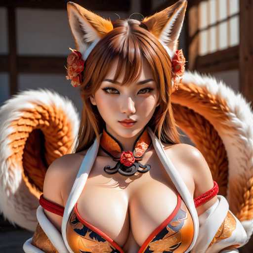 This image features a striking young woman with long, reddish-brown hair adorned with fox ears. She is dressed in a revealing, orange top that accentuates her large bust. The top is intricately designed with a red rose and black swirls around her neck, adding a touch of elegance to her bold appearance. Her eyes are a captivating brown, and she wears a serious expression, looking directly at the camera. The background is blurred, drawing focus to her detailed and vivid portrayal.