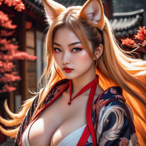 This AI-generated image depicts a young Asian woman with long, flowing blonde hair adorned with orange highlights. She is wearing a blue kimono featuring intricate white and pink floral patterns, complemented by a red collar and a matching red necklace. Her striking blue eyes and red lipstick add to her captivating appearance. The woman is also sporting orange cat ears, which are white on the inside and have a black tie on the right side. She is dressed in a white top, and the image captures her from the chest up. The background showcases a traditional Japanese-style house with brown walls and white window frames, partially obscured by a tree with vibrant red leaves. The scene is set outdoors during the daytime, with sunlight illuminating the woman's hair and casting a warm glow on the surroundings.