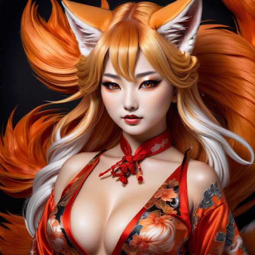 The image shows a close-up portrait of a woman with long blonde hair and striking red eyes. She is wearing an orange dress adorned with white flowers that flows down her back. The woman's face features a bold red lipstick and she has a red choker necklace around her neck, adding to the overall elegance of her appearance.