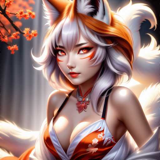 This image features a highly detailed, computer-generated depiction of a young Asian woman with striking, fox-like characteristics. She has long, flowing white hair with bangs that frame her face, and two prominent orange and white fox ears atop her head. Her eyes are a vivid orange, and she sports distinctive orange markings on her cheeks that resemble flames. She wears a low-cut, orange and white kimono adorned with delicate flower patterns, and a red necklace with a floral pendant. Her lips are painted a bold red, adding to her captivating appearance. The background is a serene blend of gray and white hues, with a tree branch adorned with orange flowers extending into the frame from the top left corner. The overall composition exudes a sense of fantasy and elegance, making the character appear almost lifelike despite the digital artistry.