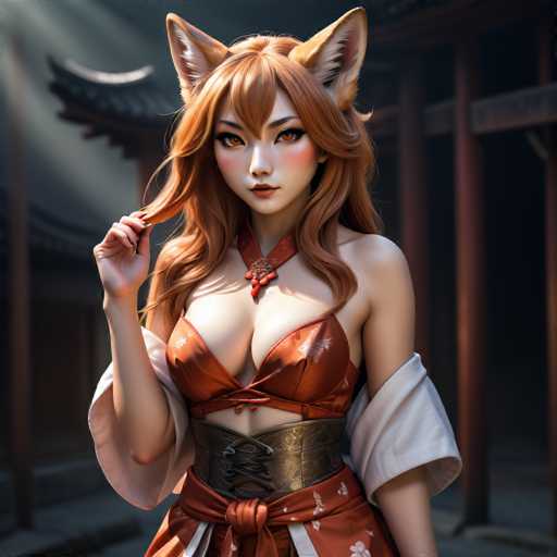 This image features a highly detailed, computer-generated depiction of a young woman with distinct anime-inspired characteristics. She has long, flowing red hair that cascades down to her chest, with bangs partially covering her forehead. Her large, expressive brown eyes are accentuated by long eyelashes, and her face is adorned with a subtle blush on her cheeks and red lipstick. Notably, she has large, fox-like ears that are brown with white fur on the inside, adding a whimsical touch to her appearance.

She is dressed in a striking red outfit that includes a corset-like top with a lace-up detail at the front, complemented by a thick brown leather belt. The outfit also features a red collar with a small pendant hanging from it. Her arms are bare, and she appears to be wearing a red skirt with white floral patterns. The woman is posed with her right hand raised, gently touching her hair.

The background of the image is slightly blurred, but it suggests an outdoor setting with a building that has a curved, Asian-inspired roof, possibly indicating a temple or traditional structure. The overall composition and intricate details of the character make this image a captivating piece of digital art.