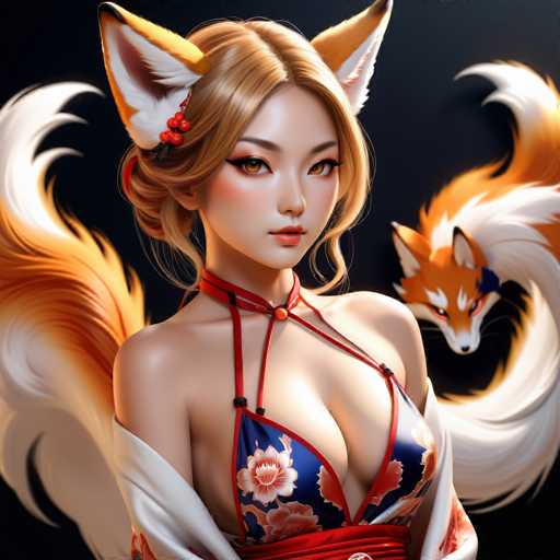 This image is a detailed, computer-generated illustration of a young Asian woman, possibly Japanese or Korean, with a blend of traditional and fantastical elements. She has long, dirty blonde hair styled in a bun with a few loose strands framing her face. Her striking orange eyes are accentuated by heavy black eyeliner, and she wears a subtle pink lipstick. Adorning her head are large, fox-like ears that are orange with white interiors, and a red beaded hair clip.

Her attire is a fusion of traditional and modern styles. She wears a blue bikini top with a floral pattern and red trim, which is tied around her neck with a red string. Over this, she has a white kimono-like garment with red and blue floral designs, tied at the waist with a red sash. The garment features long sleeves that drape over her arms.

Behind her, a fox with an orange and white coat, red eyes, and a white-tipped tail is depicted in a dynamic pose, as if it is swirling around her. The background is a solid black, which makes the vibrant colors of her outfit and the fox stand out prominently. The overall composition suggests a blend of traditional Japanese or Korean aesthetics with fantasy elements, creating a visually captivating and unique image.