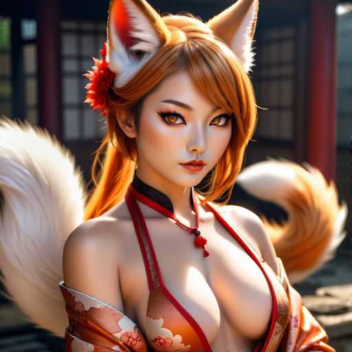 The image shows a woman with long red hair wearing an orange and white dress that has a floral pattern on it. She is standing against the backdrop of a traditional Japanese building with a red roof. The woman's face features a striking red lipstick and she is wearing a necklace with a pendant in her hair, which adds to her overall appearance.
The image does not contain any discernible text or other objects that would provide additional context about the setting or the story behind it.