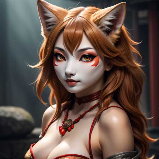 This image features a highly detailed, computer-generated depiction of a young woman with striking, fox-like characteristics. She has long, flowing red hair and prominent red fox ears that add a whimsical touch to her appearance. Her face is painted white, accentuating her vibrant red lips and the red markings around her eyes, which resemble fox eyes. Her attire is a red dress with thin straps, complemented by a red choker and a necklace adorned with red beads. The background is blurred, drawing focus to her intricate and captivating design.