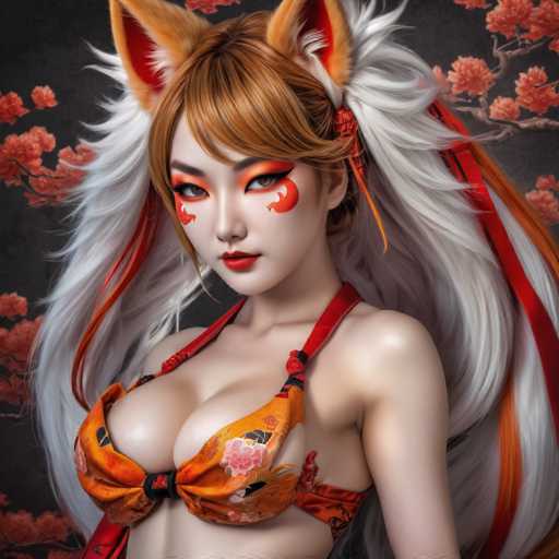 This image features a striking, AI-generated depiction of a young Asian woman with an ethereal appearance. She has long, flowing hair that transitions from a rich brown at the top to a pristine white at the ends, adorned with delicate strands of orange. Her hair is styled with a red ribbon that adds a touch of elegance. The woman's face is framed by large, expressive eyes accentuated with bold orange eyeshadow and dramatic black eyeliner. Her lips are painted a vivid red, and her cheeks are adorned with intricate orange designs, adding to her mystical aura.

She is dressed in a unique, orange bikini top that features a black tie at the front, complementing her overall look. The background is a deep black, which contrasts beautifully with the vibrant colors of her attire and hair. On the left side of the image, a tree branch with delicate pink flowers adds a touch of natural beauty to the scene. The right side of the background is adorned with a mix of pink and orange flowers, creating a harmonious and visually captivating composition.