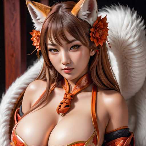 This image features a highly detailed, computer-generated depiction of a young Asian woman, likely in her late teens or early twenties. She has long, straight brown hair adorned with fox ears and two orange flowers. Her striking orange eyes and red lips add to her captivating appearance. She is dressed in a revealing orange top that highlights her large bust, and a matching orange choker around her neck. The background is blurred, with a hint of a wooden wall on the left side, emphasizing her as the focal point of the image.
