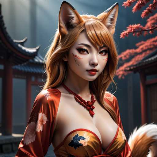 The image depicts a highly detailed, computer-generated or AI-generated artwork of a young woman with distinct fox-like features. She has long, flowing reddish-blonde hair and striking red fox ears that protrude from her head. Her eyes are a vivid brown, and she wears red lipstick that complements her fair complexion. Notably, she has red markings on her cheeks, resembling claw marks, adding to her fox-human hybrid appearance.

She is dressed in a traditional Japanese kimono, predominantly red with intricate floral patterns in shades of pink, white, and blue. The kimono is low-cut, revealing a significant amount of cleavage. Around her neck, she wears a red beaded necklace that adds to her ornate attire.

The background features a blurred, serene Japanese setting with cherry blossom trees and traditional pagodas, enhancing the overall aesthetic of the image. The combination of the detailed foreground and the softly blurred background creates a captivating and immersive visual experience.