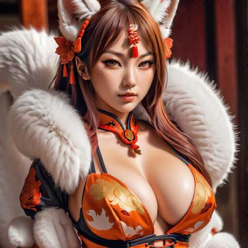 This AI-generated image depicts a young Asian woman, likely in her early 20s, with long brown hair. She is adorned with white cat ears and a red tassel hanging from her forehead. Her attire is a striking orange kimono, featuring intricate white and gold floral patterns. The kimono is fastened with a black strap and a prominent orange clasp at the neck. Adding to her elaborate ensemble, she wears a matching orange necklace. The woman's expression is serious, and she gazes directly at the viewer. The background is blurred, but it appears to be a wooden wall, suggesting an indoor setting.