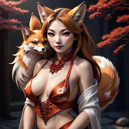 This image is a detailed, computer-generated illustration of a young Asian woman with long, flowing red hair and matching red eyes. She is dressed in a revealing, orange bikini adorned with white flowers and a corset-like bottom that ties up to her navel. Around her neck, she wears a choker necklace with a red flower design. Her attire is complemented by a white, long-sleeved shirt that is pulled down to her elbows. Notably, she has large, fox-like ears and a long, bushy fox tail that is orange with white tips. 

Behind her stands a fox with similar orange and white fur, mirroring her appearance. The background features a dark, grayish-black setting with a tree branch adorned with red leaves extending into the frame. The overall scene is rich in detail, blending elements of fantasy and realism, and appears to be a creation of artificial intelligence.