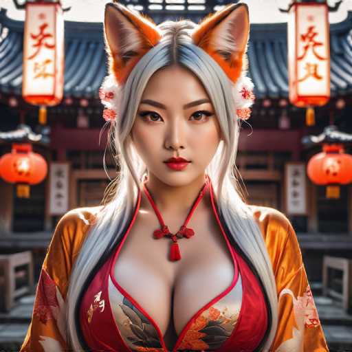 This image features a highly detailed, AI-generated depiction of a young Asian woman with striking, realistic yet subtly artificial characteristics. She has long, flowing hair that transitions from white to gray, with a hint of blue at the roots. Her hair is adorned with orange and white fox ears, adding a whimsical touch to her appearance. She wears a red necklace with a tassel and a red, low-cut top that reveals a significant amount of cleavage. The top is decorated with intricate floral patterns in shades of orange, black, and white. Her expression is serious, with red lips and brown eyes that gaze directly at the viewer.

In the background, there is a traditional Japanese-style building, characterized by its curved roof and red lanterns hanging from the ceiling. The lanterns feature Japanese characters, enhancing the cultural ambiance. The building's walls are a mix of red and brown, with white signs bearing black characters. The scene is set during the daytime, with a gray sky overhead, adding a muted tone to the overall composition.
